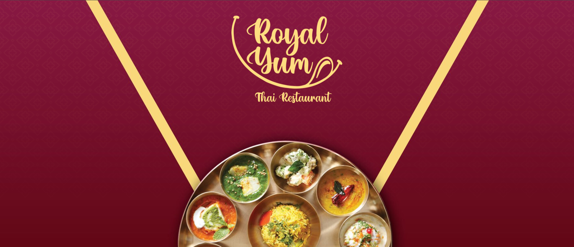 Royal Yum Thai Restaurant logo over a platter of Thai dishes