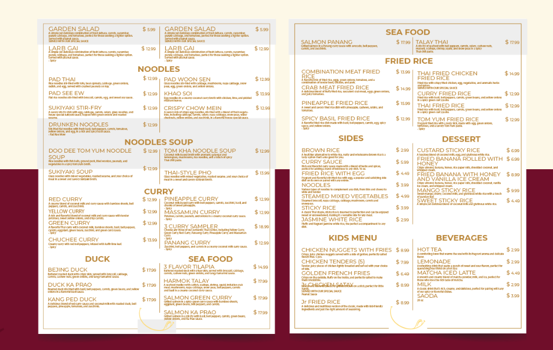 Royal Yum menu, food and sides pages